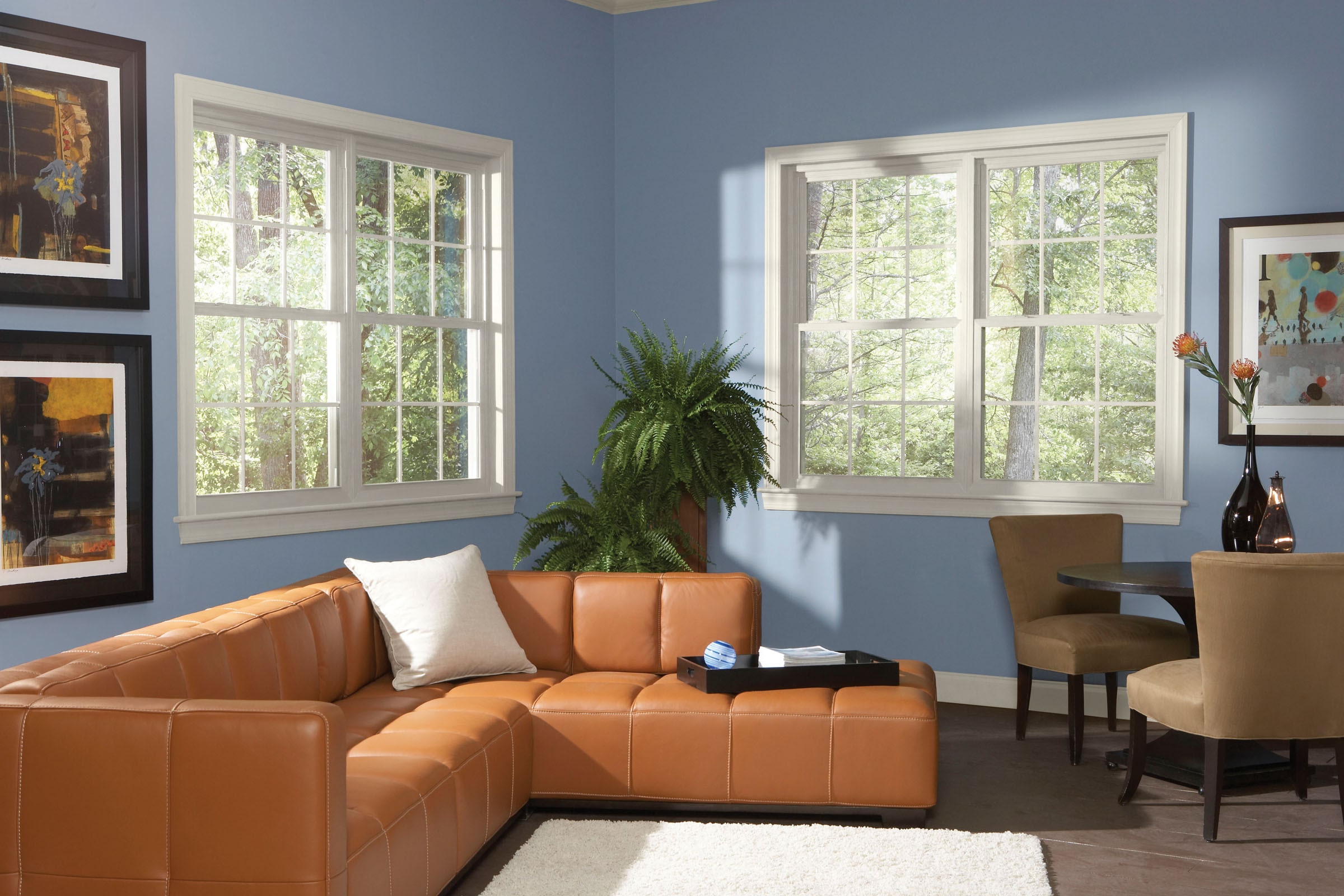 Living room features double hung windows.